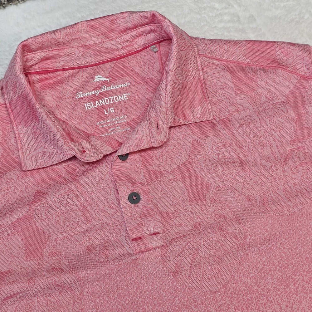 Tommy Bahama Island Zone Polo Shirt Palm Coast Tropic Fade Pink Men Sz L UPF